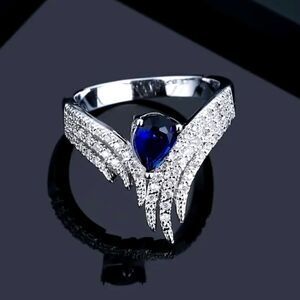 Wing Angel Ring  with Inlaid Zircon Blue and Diamond Silver Plated